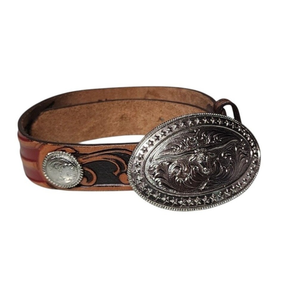 Tony Lama Youth 'Great American' Leather Belt 26" Length Silver Longhorn Buckle